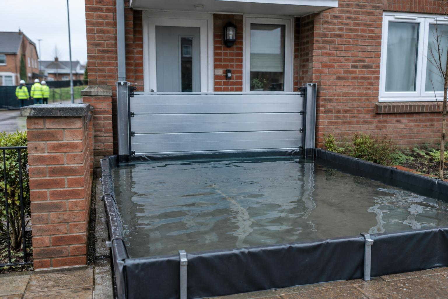 Brigstock flood resilience illustration showing a doorway barrier holding back water during a residential demonstration