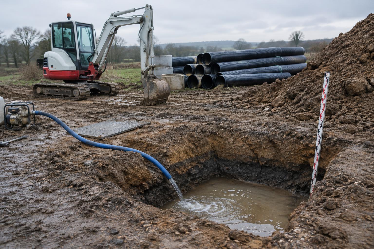 Infiltration trial pit and drainage pipes on a UK development plot for drainage condition discharge testing