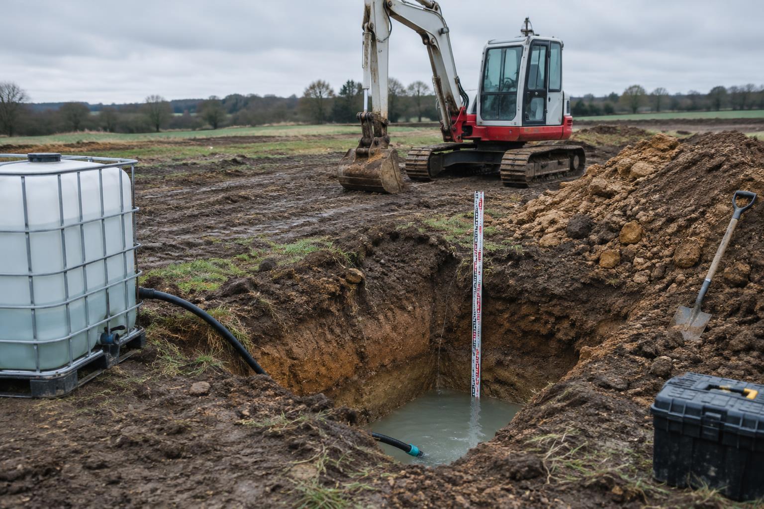 Trial pit and testing equipment on a UK development site, illustrating evidence used to address drainage objections