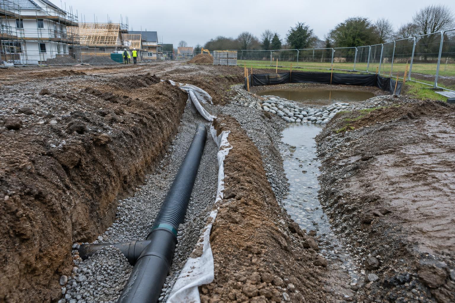 Drainage planning measures at a construction site, with an open pipe trench and temporary swale after rain