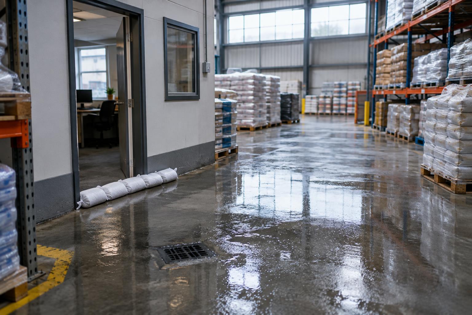 Illustrative warehouse scene showing absorbent bags of the type described as FloodSax beside shallow floodwater