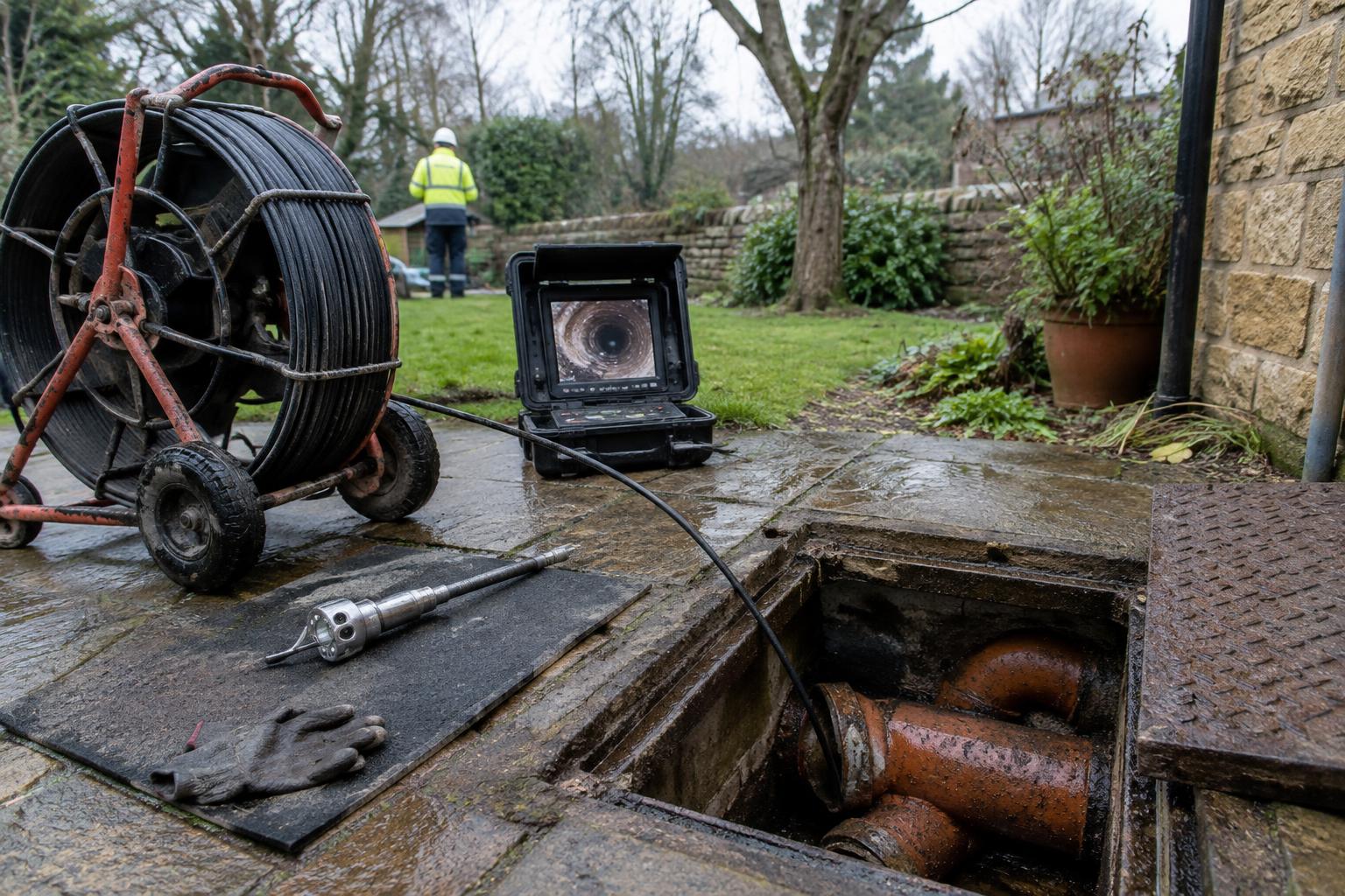 CCTV inspection equipment beside an open chamber serving foul water drainage at an older residential property