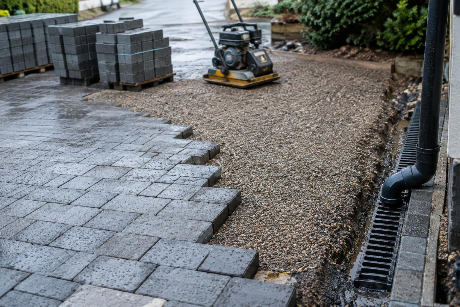 Permeable paving driveway under construction with an exposed aggregate sub-base and drainage channel below a downpipe