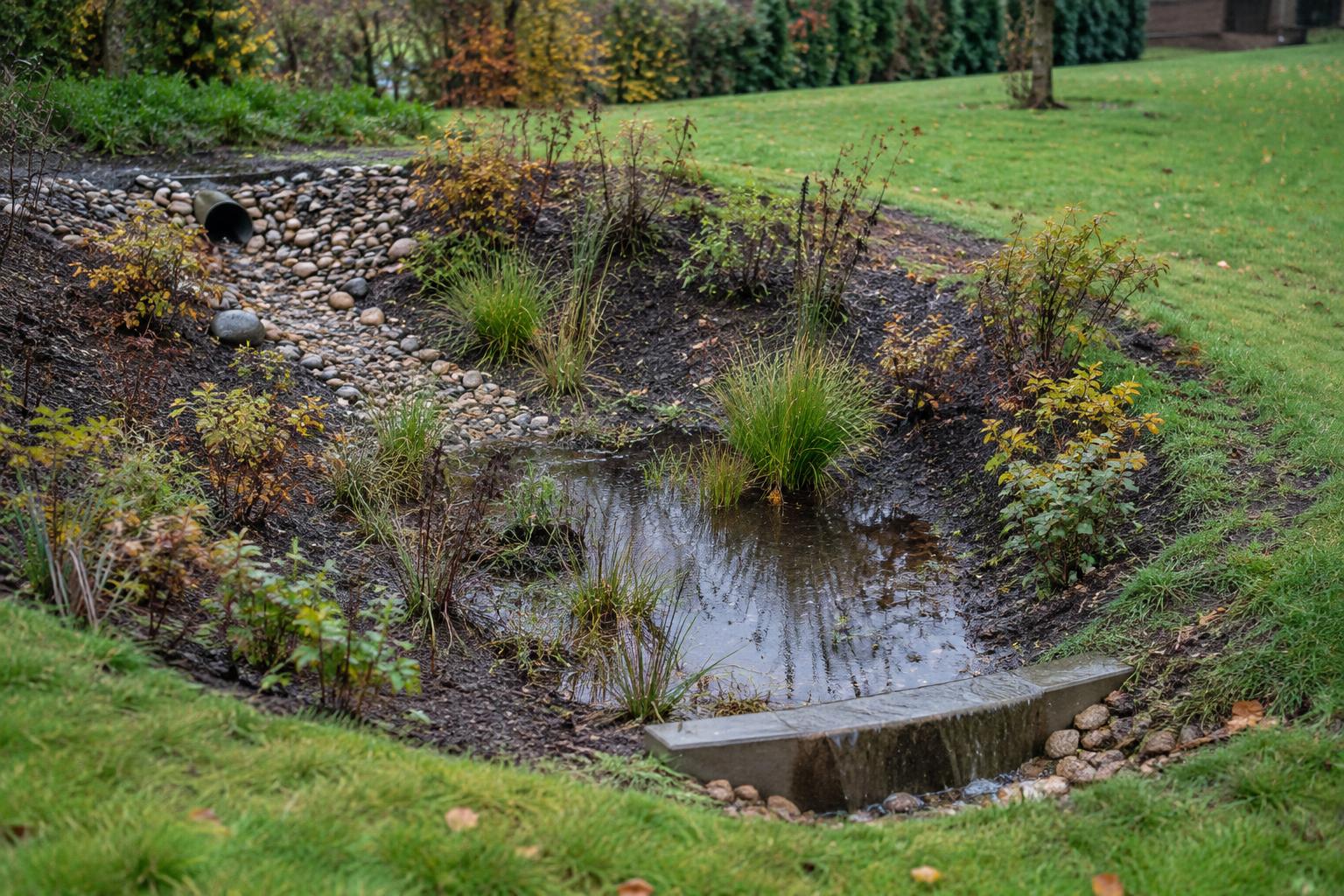 Rain garden with a gravel inlet, planted shallow basin and overflow lip beside a UK suburban lawn after rain